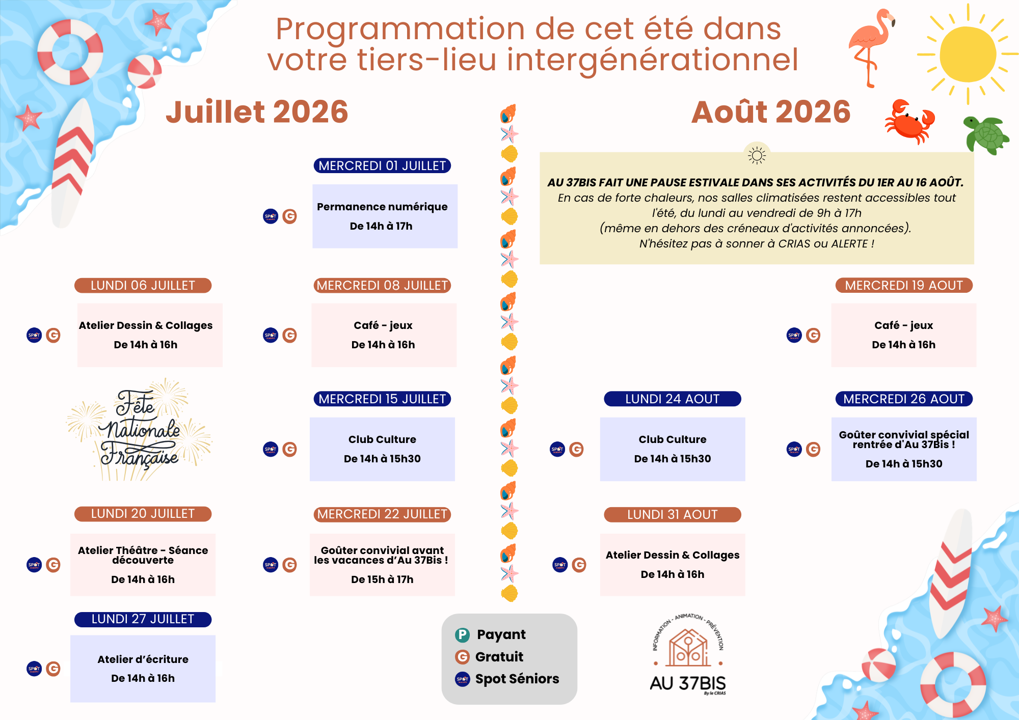 Programme du mois de juillet et aout des activités Au 37Bis.